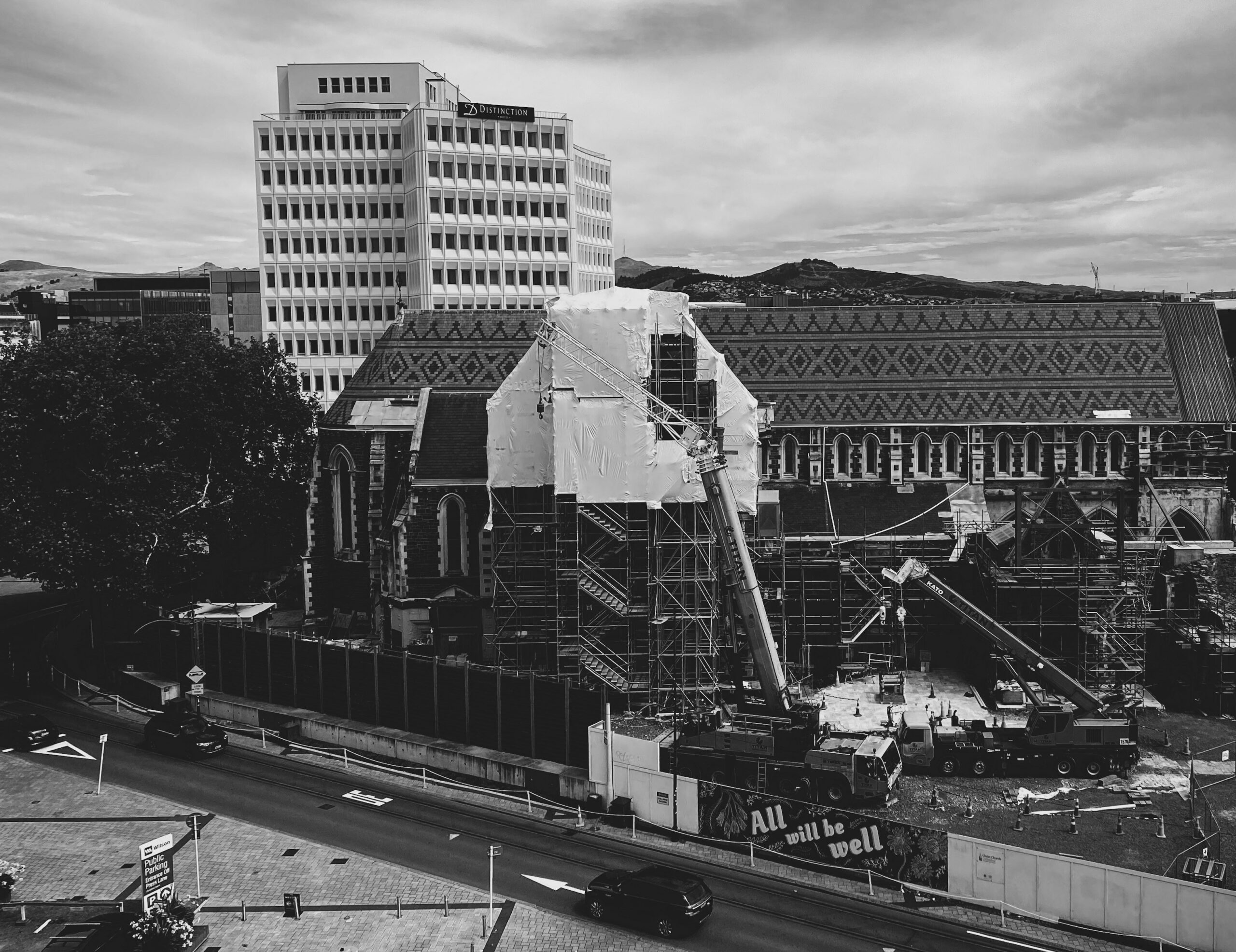 Christchurch construction site in black and white