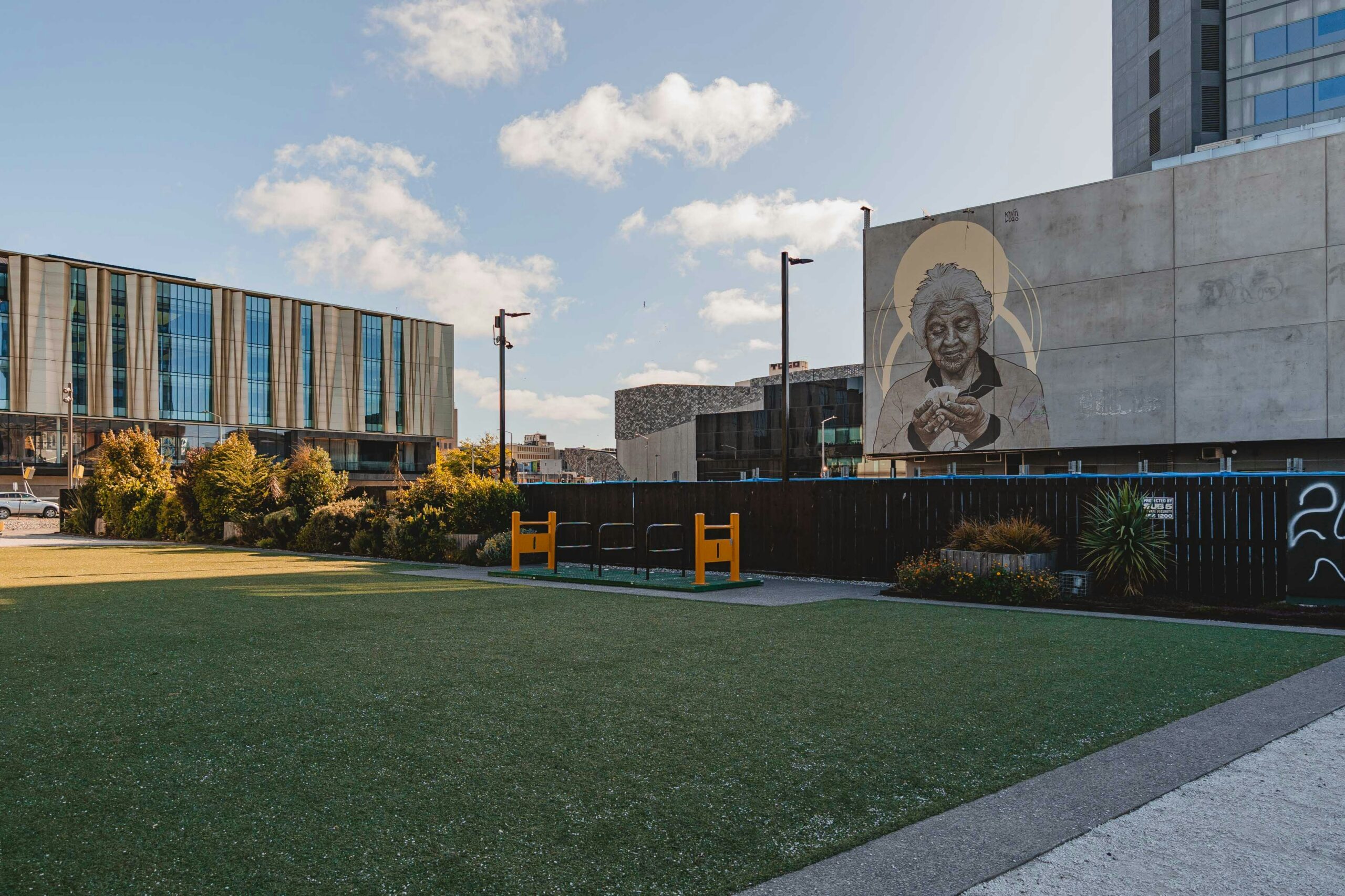 An open grassed space beside commercial buildings in Christchurch